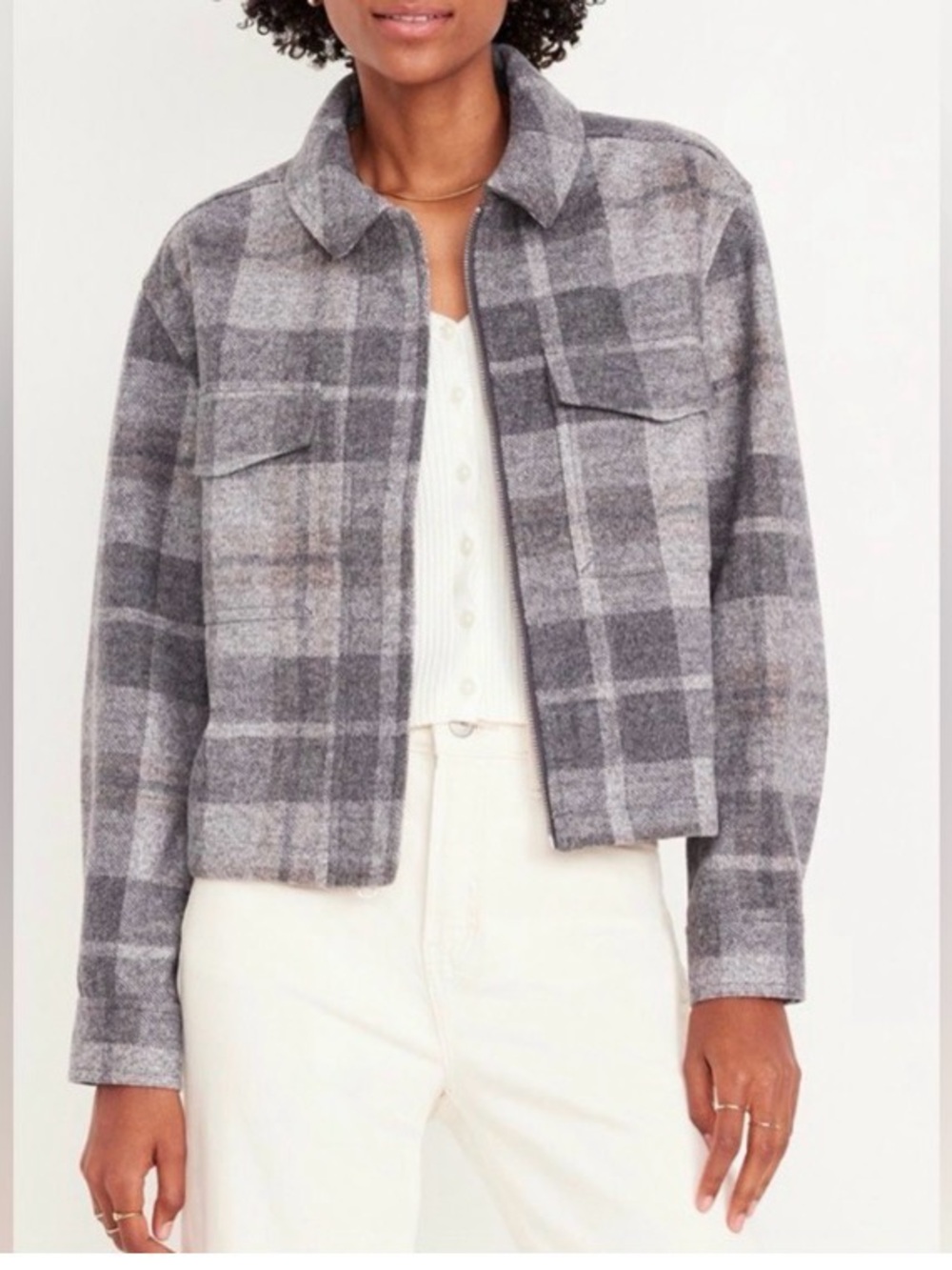 Old Navy Gray Plaid Wool-Blend Shacket Jacket